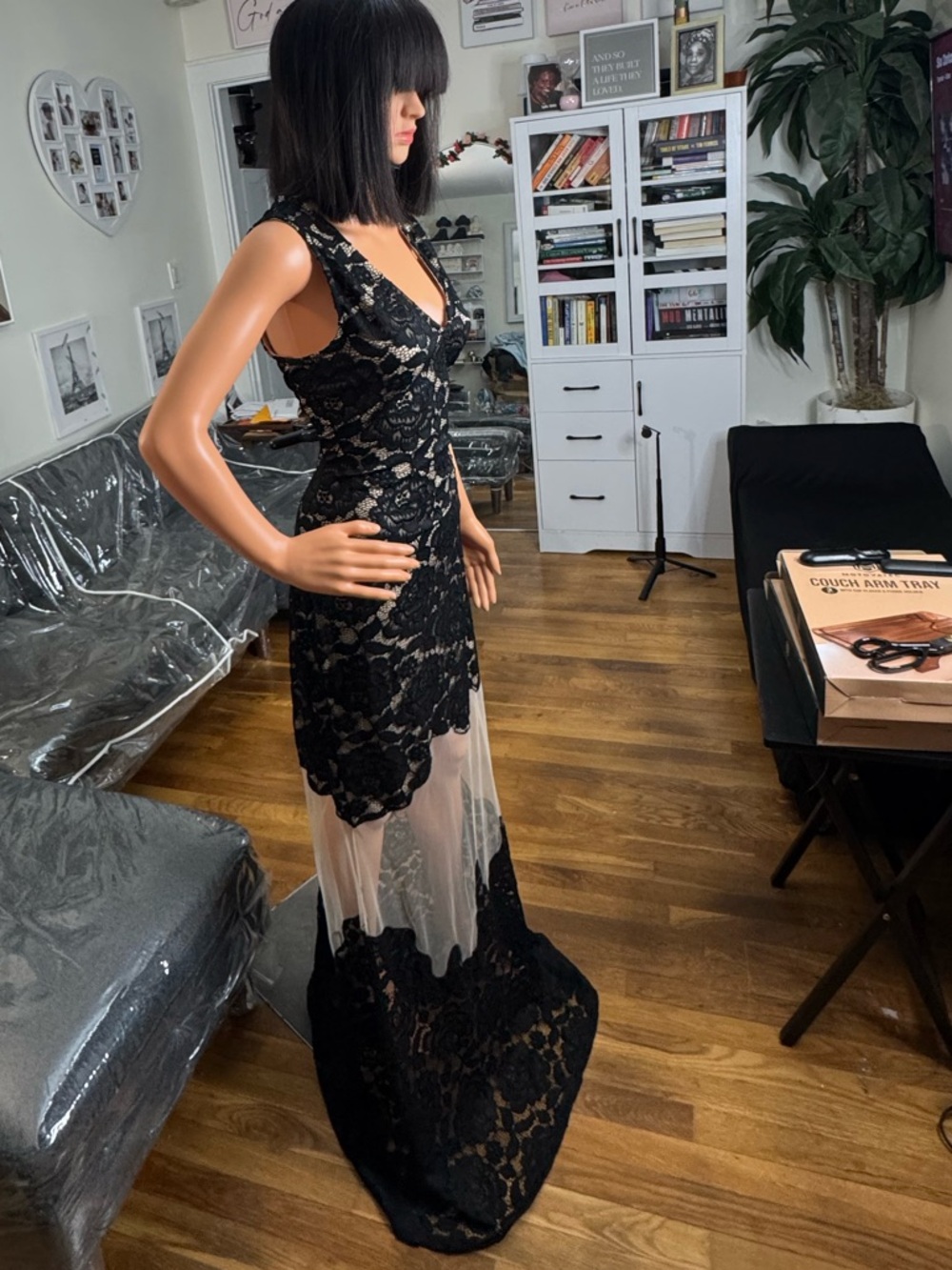 Black Lace Overlay Evening Gown Sheer Maxi Dress Formal Prom Gala Elegant NWT - Picture 3 of 3